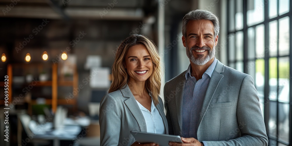 A happy couple reviews a tablet together in a bright office setting A happy couple reviews a tablet together in a bright office setting