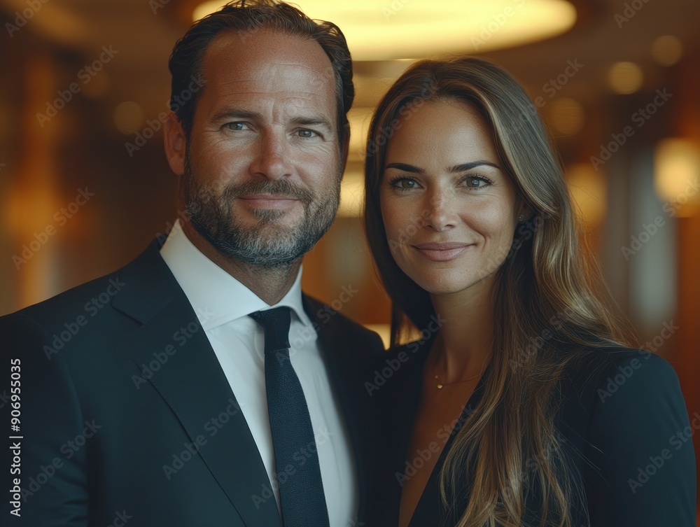 A well-dressed couple smiles while posing together at a luxurious hotel gathering A well-dressed couple smiles while posing together at a luxurious hotel gathering