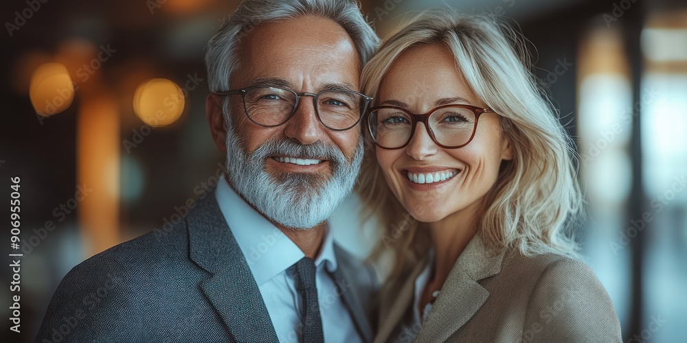 A joyful middle-aged couple poses closely, radiating happiness in a warm environment A joyful middle-aged couple poses closely, radiating happiness in a warm environment