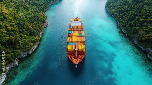 Wallpaper Mural A cargo ship sails through vibrant turquoise waters beside dense greenery Torontodigital.ca