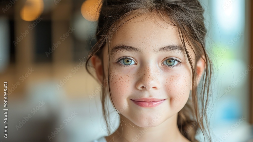 A joyful young girl with green eyes smiles warmly in a cozy indoor setting