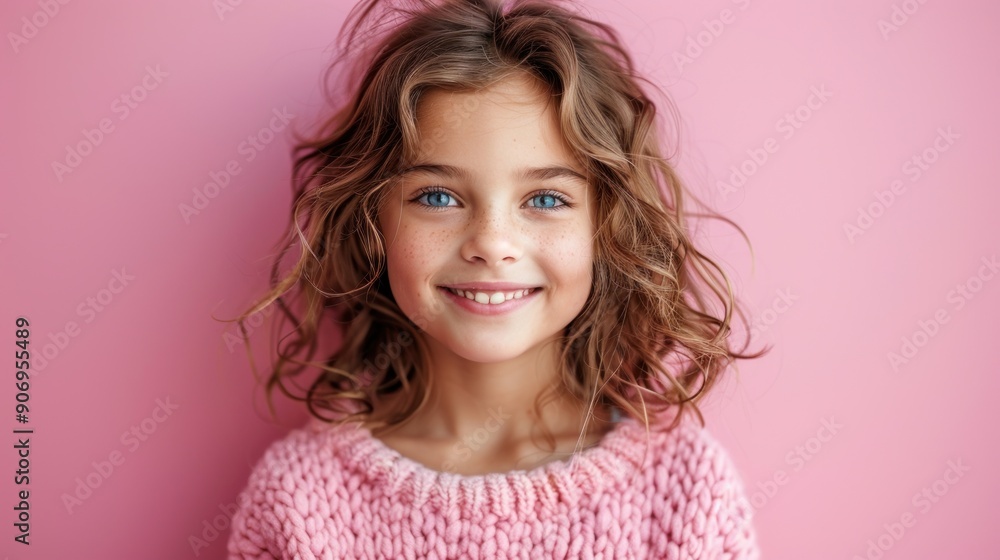 A joyful girl with curly hair smiles warmly in front of a pink backdrop A joyful girl with curly hair smiles warmly in front of a pink backdrop
