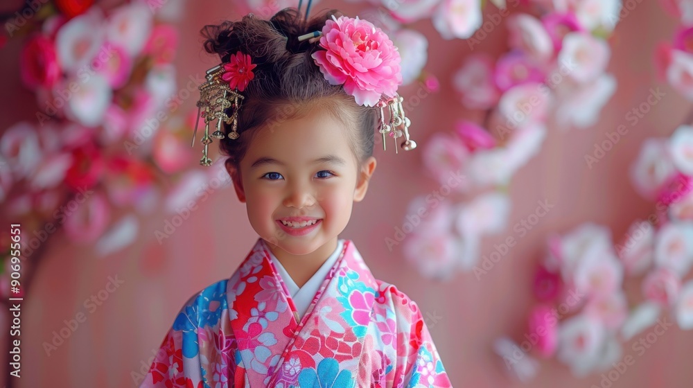 A cheerful girl wearing a vibrant kimono poses among pink cherry blossoms A cheerful girl wearing a vibrant kimono poses among pink cherry blossoms