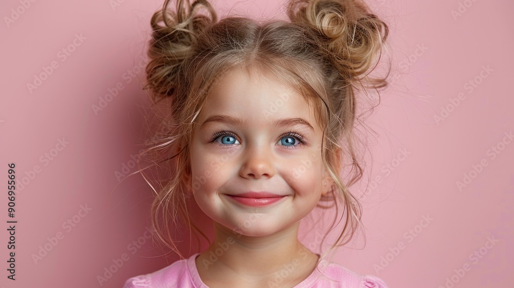 A cheerful girl with styled hair enjoys a moment of happiness in a whimsical environment A cheerful girl with styled hair enjoys a moment of happiness in a whimsical environment