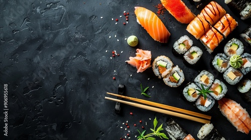 Top view of sushi and rolls arranged as a border on a black background with copy space. A colorful set of Japanese restaurant food.