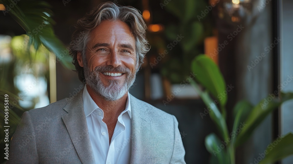 A joyful man in a grey suit smiles brightly in a vibrant indoor space A joyful man in a grey suit smiles brightly in a vibrant indoor space