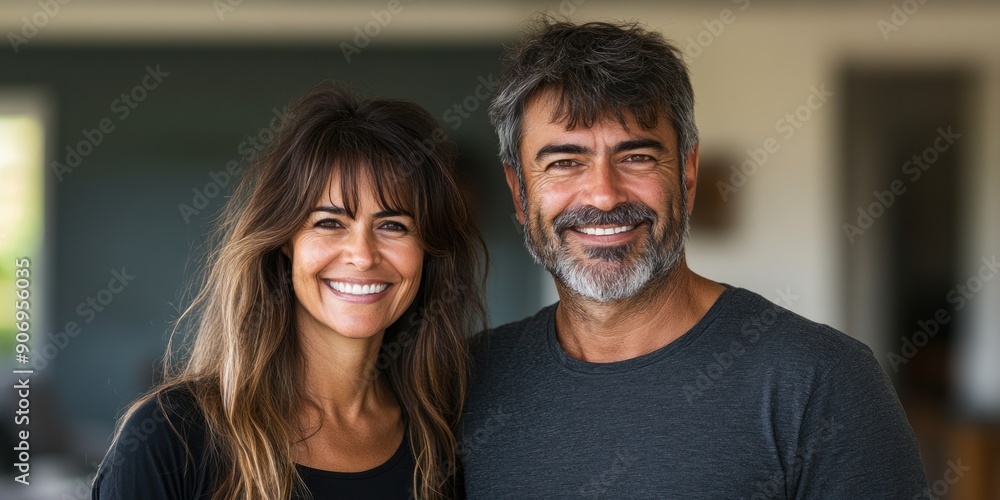 A cheerful couple stands close, smiling warmly at the camera in their cozy living space A cheerful couple stands close, smiling warmly at the camera in their cozy living space