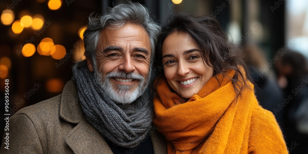 A joyful couple stands together, wrapped in scarves, smiling warmly in a café A joyful couple stands together, wrapped in scarves, smiling warmly in a café