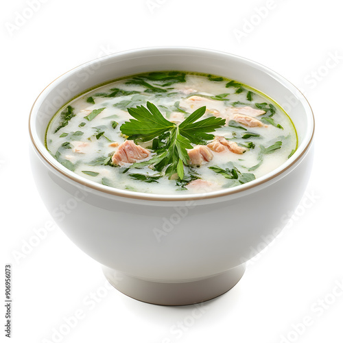 Bowl with traditional Russian okroshka soup isolated on white background