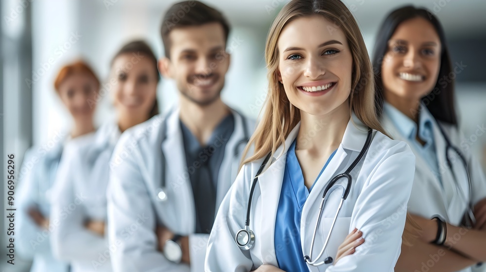 Fototapeta premium Dedicated Healthcare Professionals Smiling Together in Modern Clinic. AI Generated