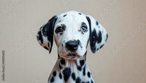 a dalmatian puppy is looking at the camera