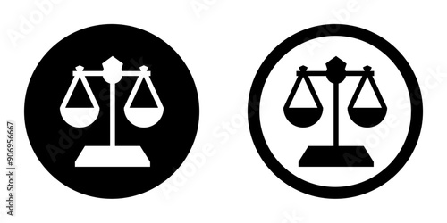 Scale icon. Scales of justice flat icon set. Scale in balance and equilibrium. Old traditional mass weighing, measuring device with plates. Comparison, decision concept. Vector design illustration