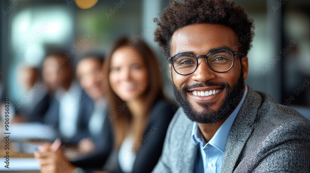 A young man smiles confidently during a collaborative business meeting A young man smiles confidently during a collaborative business meeting