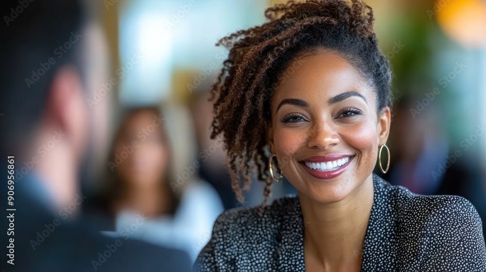 A woman smiles brightly while talking at a professional gathering filled with attendees A woman smiles brightly while talking at a professional gathering filled with attendees