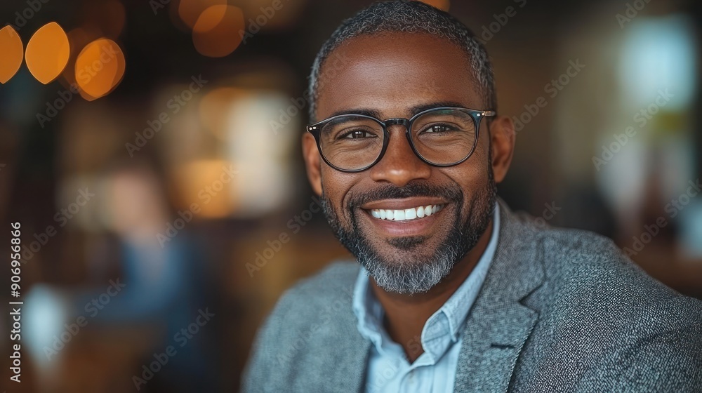 A cheerful man with glasses smiles warmly in a bustling café environment A cheerful man with glasses smiles warmly in a bustling café environment