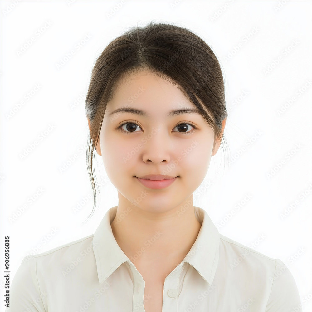 Biometrisches Passfoto einer Japanerin auf weißem Hintergrund Biometrisches Passfoto einer Japanerin auf weißem Hintergrund