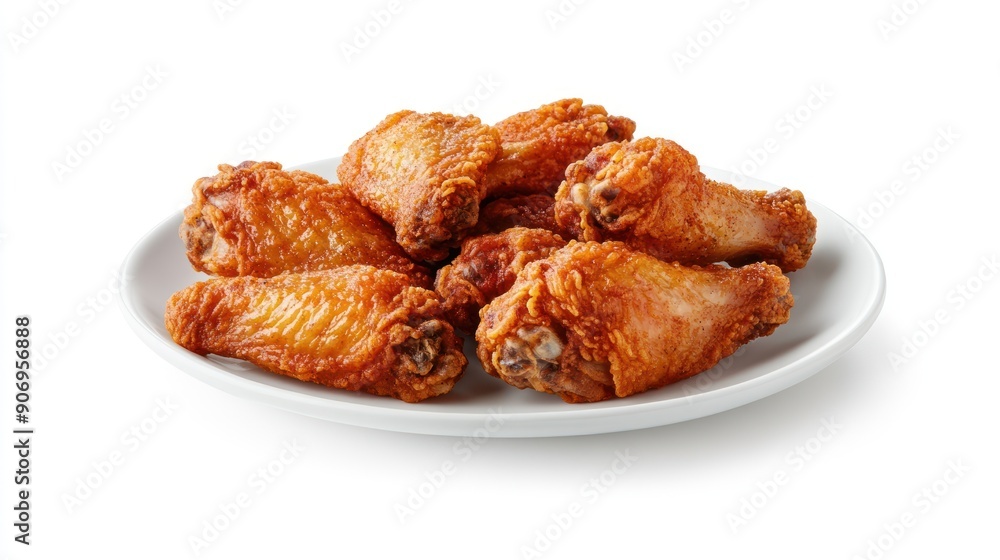 fried chicken wings in a white plate, isolated on a white background, crispy and perfectly seasoned, mouth-watering presentation, plate with minimal design fried chicken wings in a white plate, isolated on a white background, crispy and perfectly seasoned, mouth-watering presentation, plate with minimal design