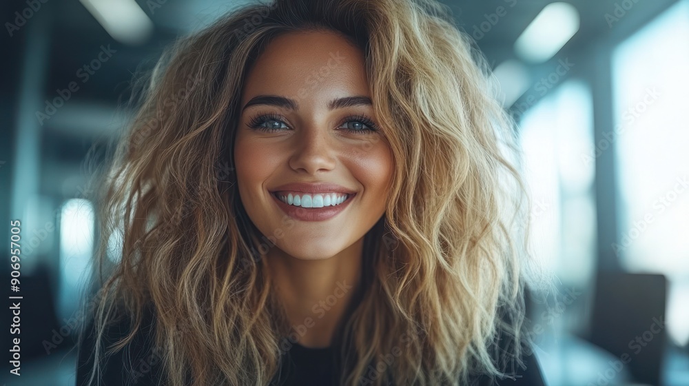 custom made wallpaper toronto digitalA woman with curly hair beams joyfully in a contemporary café setting