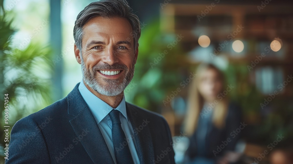 A well-dressed man smiles warmly in a contemporary office filled with greenery A well-dressed man smiles warmly in a contemporary office filled with greenery