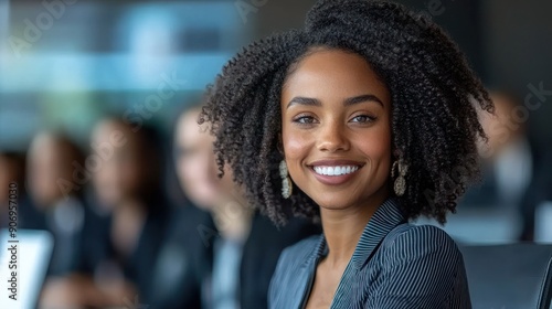 A young woman smiles confidently during a business meeting with colleagues