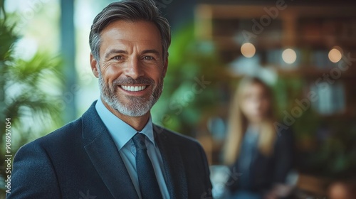 A well-dressed man smiles warmly in a contemporary office filled with greenery © Viktor