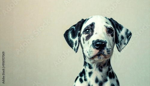 a black and white dog with spots on it's face
