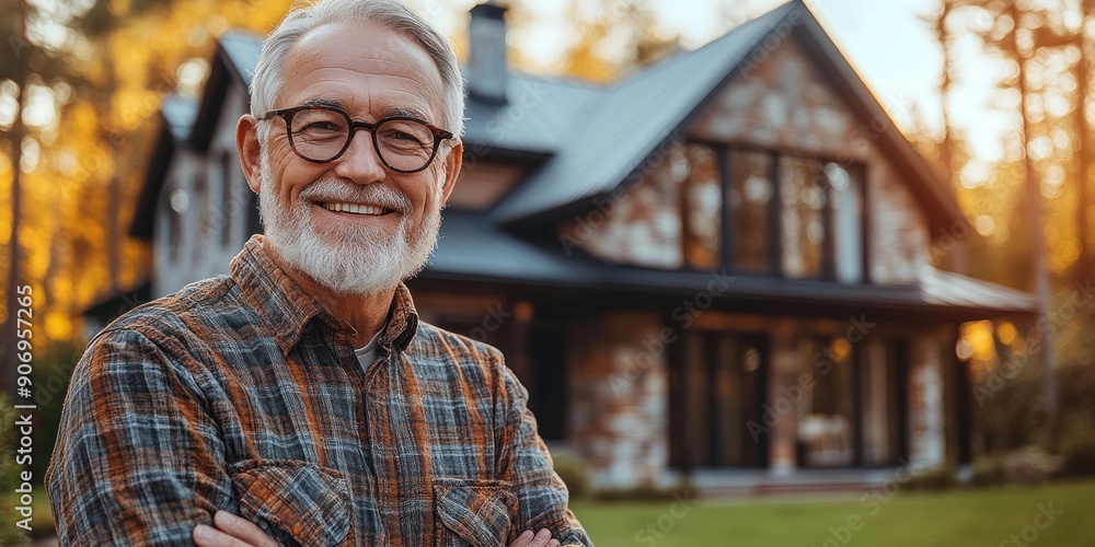 A happy elderly man stands proudly outside his home amidst vibrant autumn foliage A happy elderly man stands proudly outside his home amidst vibrant autumn foliage