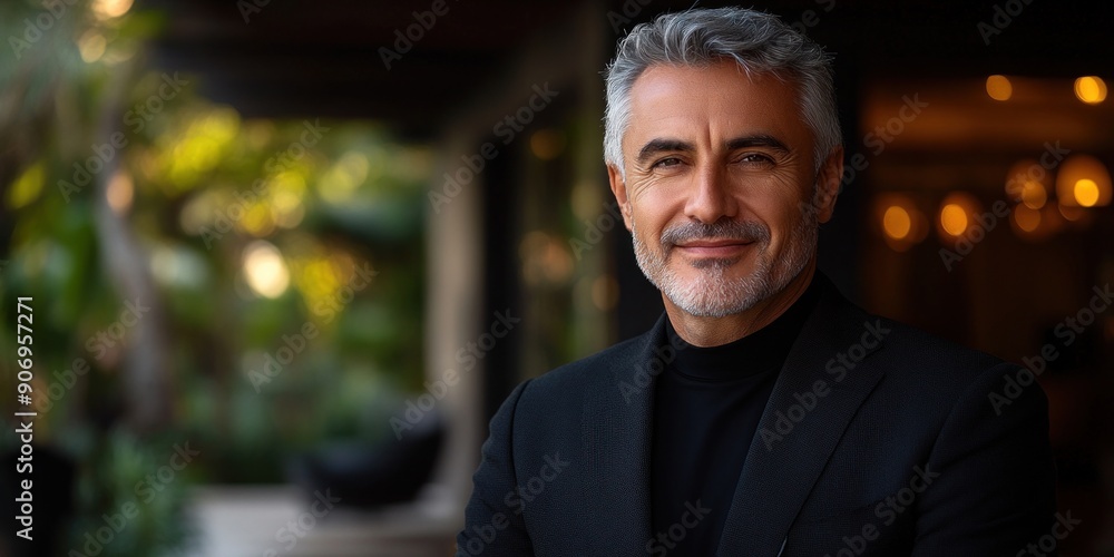 A well-dressed man smiles warmly while standing outdoors surrounded by lush greenery A well-dressed man smiles warmly while standing outdoors surrounded by lush greenery