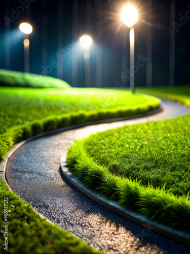 Inviting pathway illuminated by soft lights, leading through a serene park.