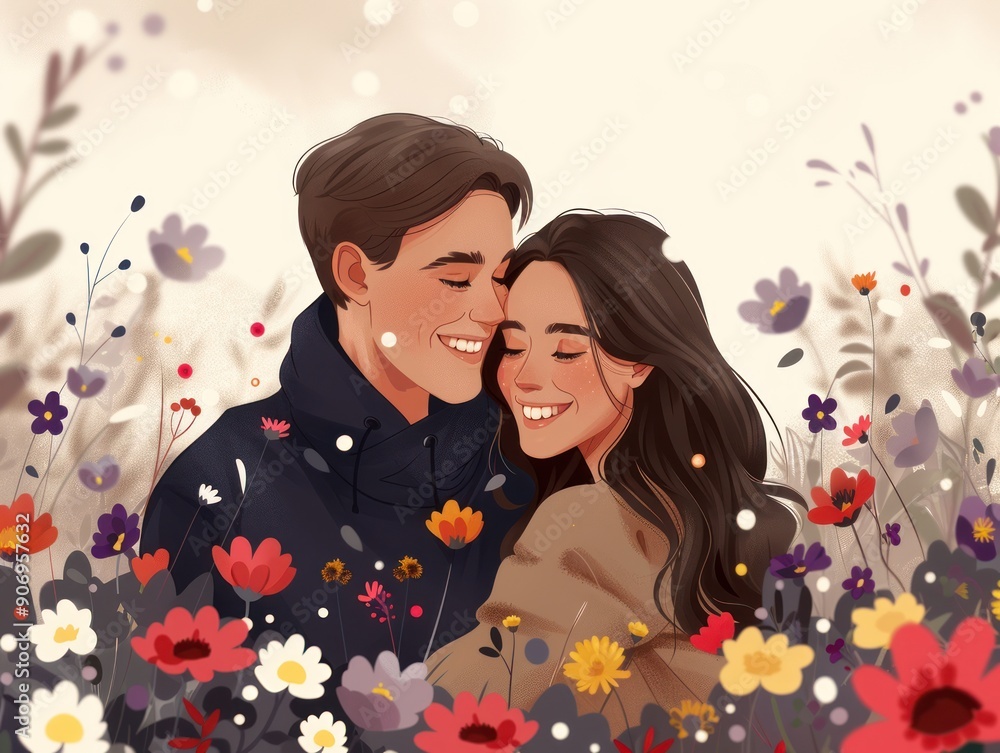 A joyful couple smiles at each other surrounded by vibrant blooming flowers A joyful couple smiles at each other surrounded by vibrant blooming flowers