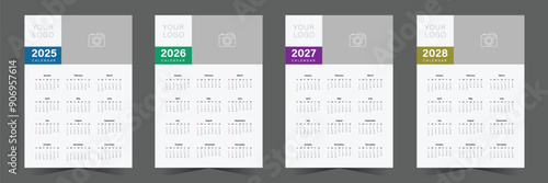 Wall calendar design for 2025, 2026, 2027, 2028. One page wall calendar template design, week starts on sunday, minimalist style