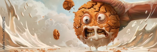 Capture a whimsical panic moment Cartoon snickerdoodle cookie with wide fearful eyes dipped into milk by a large adult hand face filled with exaggerated dread