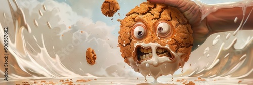 Capture a whimsical panic moment Cartoon snickerdoodle cookie with wide fearful eyes dipped into milk by a large adult hand face filled with exaggerated dread photo