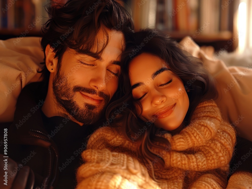 A couple relaxes together, enjoying a warm moment in a cozy, book-filled environment A couple relaxes together, enjoying a warm moment in a cozy, book-filled environment