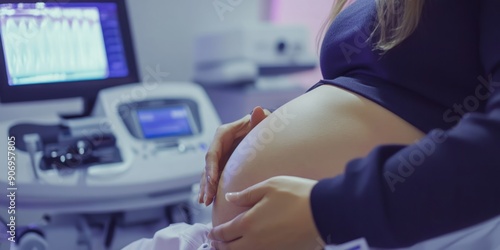 Close-Up of a Pregnant Woman's Belly During an Ultrasound Examination – A Glimpse into the Miracle of Prenatal Care and Medical Innovation.
