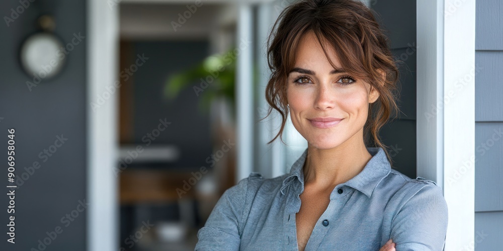 Fototapeta premium A woman with a warm smile poses confidently in a cozy modern living space