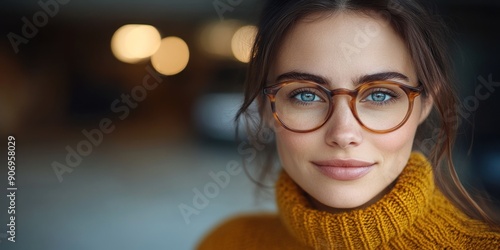 A woman smiles warmly while wearing glasses and a turtleneck sweater outdoors