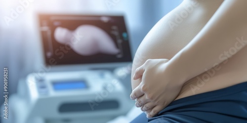 Close-Up of a Pregnant Woman's Belly During an Ultrasound Examination – A Glimpse into the Miracle of Prenatal Care and Medical Innovation.
