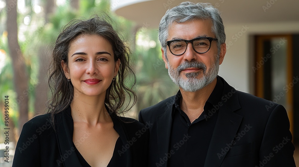 A couple smiles happily while standing outdoors in stylish attire