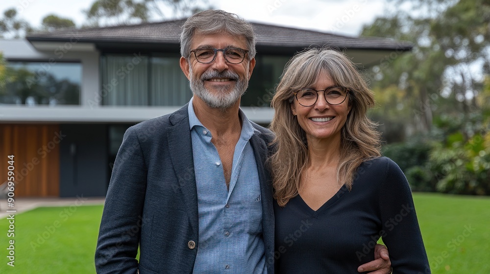 Fototapeta premium A smiling couple stands arm in arm outside their contemporary home