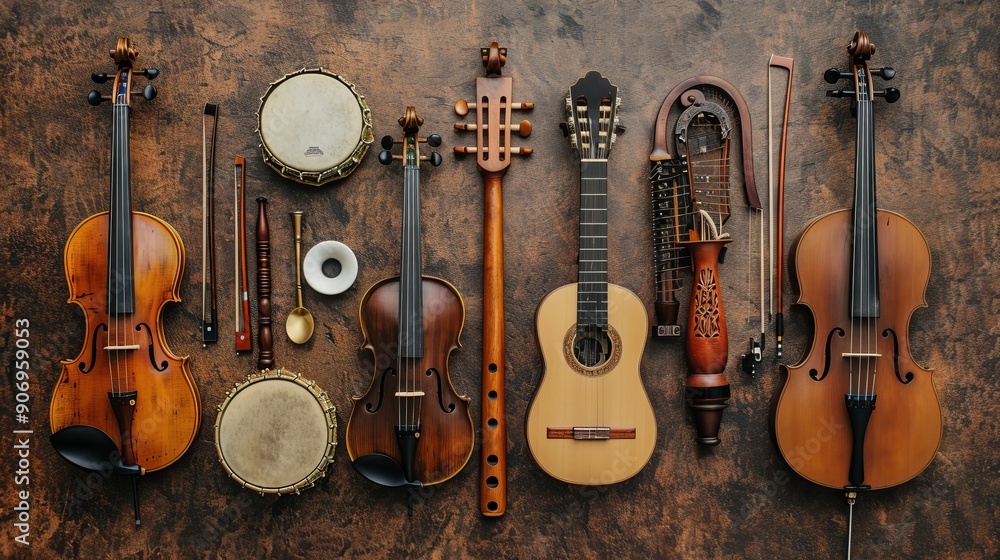 Naklejka premium Happy World Music Day! Musical instruments arranged on a brown background.