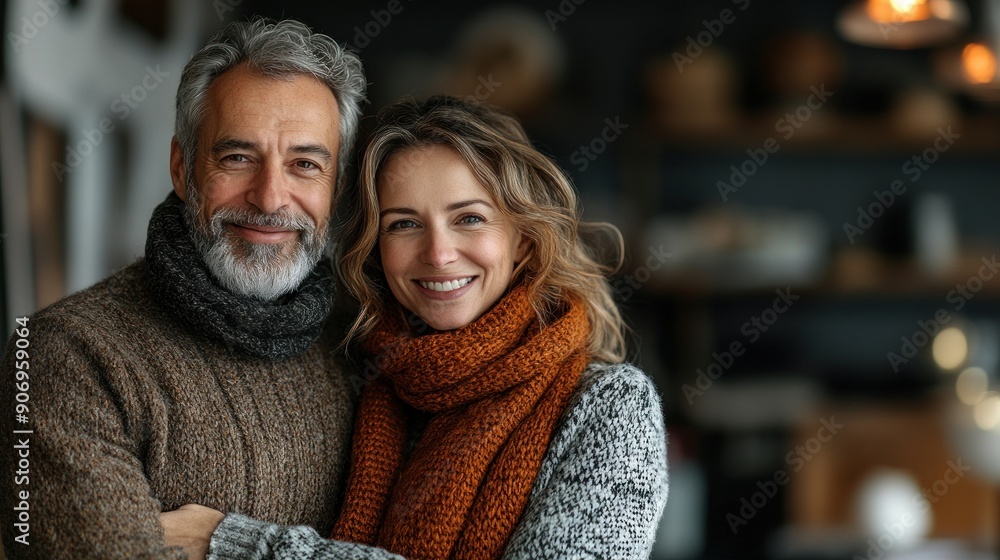 Fototapeta premium A joyful couple cuddles together in warm sweaters on a cozy winter evening
