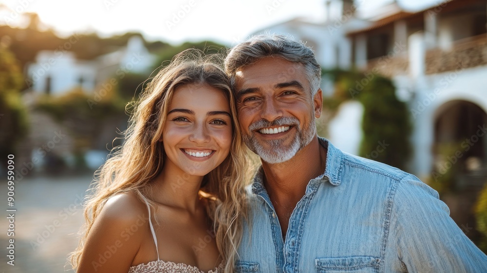 A joyful couple embraces each other in a picturesque coastal village at sunset A joyful couple embraces each other in a picturesque coastal village at sunset