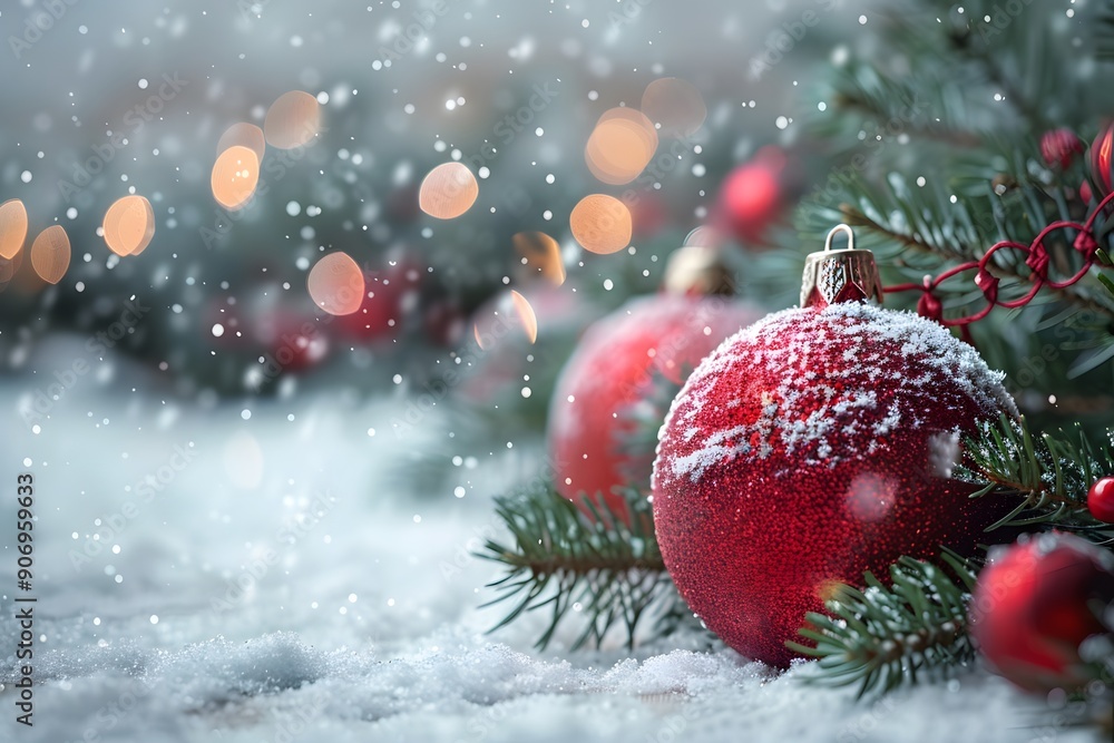 Obraz premium Festive Christmas Ornaments Amidst Snowy Pine Branches