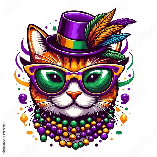 Feline Mardi Gras Celebration A Cat in a Top Hat and Sunglasses with Beads