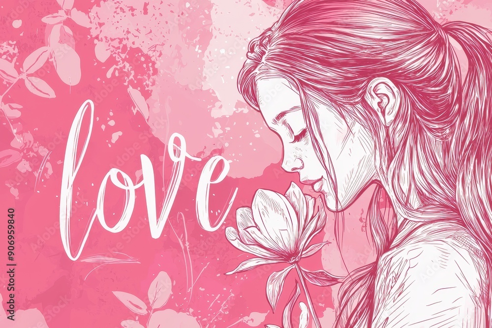 Cute illustration of a girl holding a flower with Cute illustration of a girl holding a flower with
