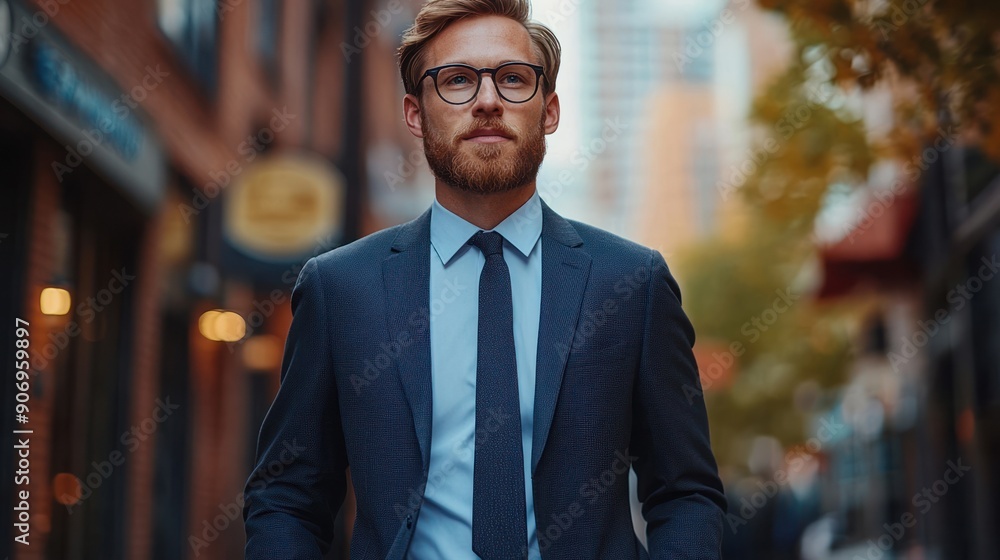 Fototapeta premium Young businessman strolls confidently through a vibrant urban neighborhood at sunset