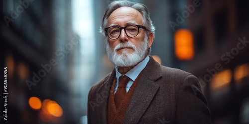 A distinguished older man poses confidently in a city street at dusk