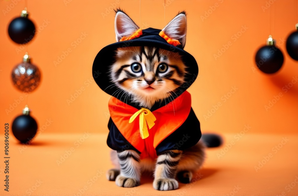 Cat in halloween costume. Cat halloween party costume. Friend with orange backgound. Halloween theme. Cat in halloween costume. Cat halloween party costume. Friend with orange backgound. Halloween theme.