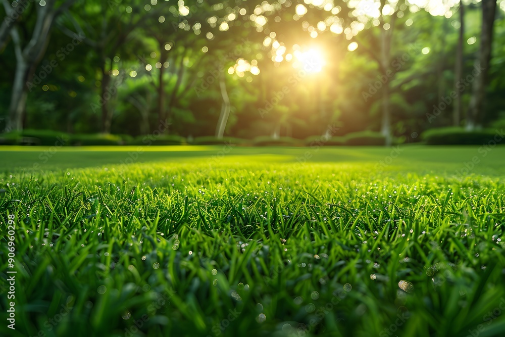 Serene Morning Light Over Dewy Green Grass in a Lush Garden Serene Morning Light Over Dewy Green Grass in a Lush Garden